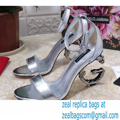 Dolce & Gabbana Heel 10.5cm Leather Sandals Silver with Baroque D & G Heel 2021 - Click Image to Close